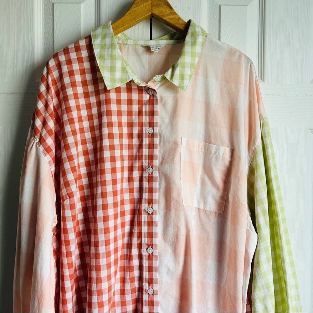 Cato high low gingham patchwork maximalist long sleeve button down shirt - Picture 2 of 8